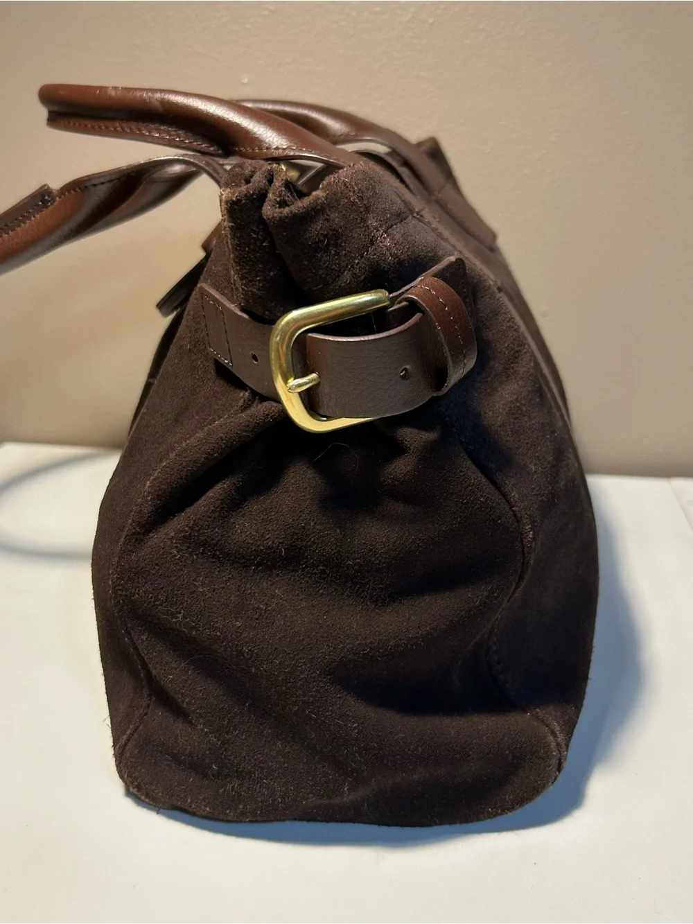 Lands’ End Suede Leather Tote Bag Brown Buckle Shoulder Handbag Large